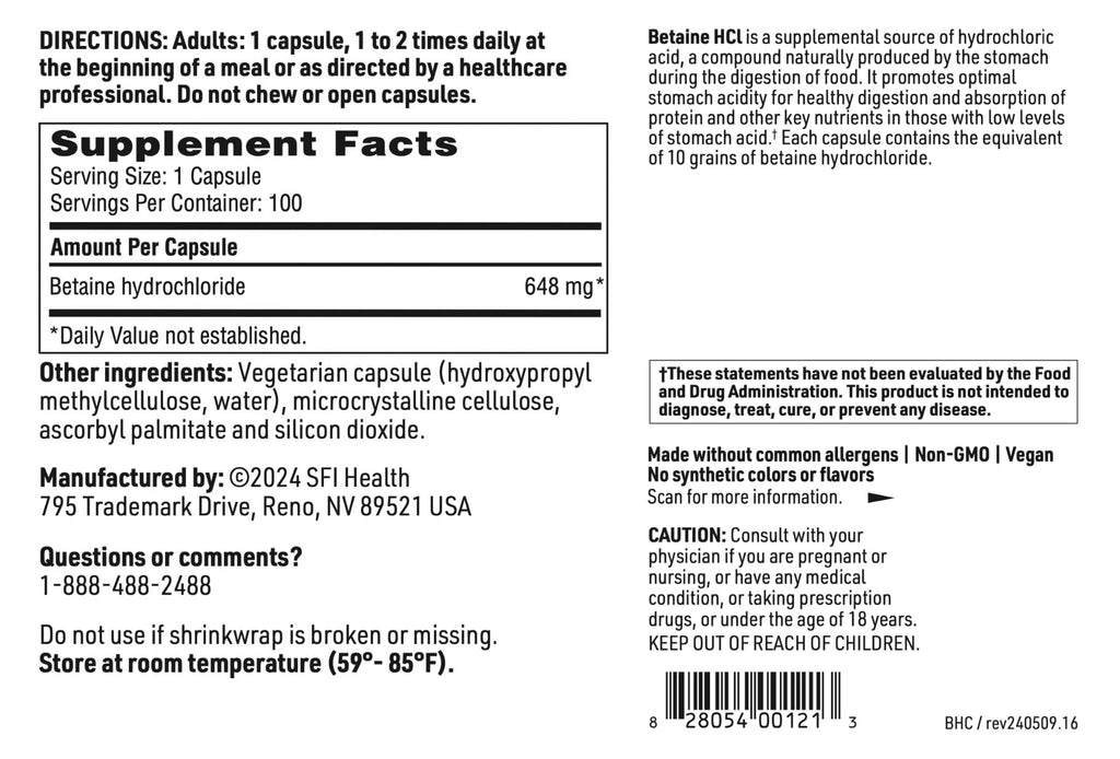 Klaire Labs SFI Health Betaine HCl 648mg - Hypoallergenic Betaine Supplement to Support Digestion & Nutrient Absorption - Gluten-Free, Corn-Free (100 Capsules)