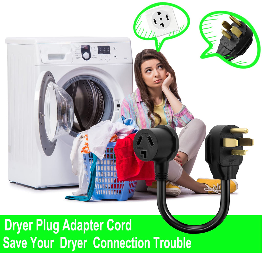 1.5FT 3 Prong to 4 Prong Dryer Adapter, 4 Prong to 3 Prong Dryer Adapter, NEMA 14-30P Male to 10-30R Female, Dryer Cord Adapter 4 to 3 Prong, STW 10AWG, 30A, 250V