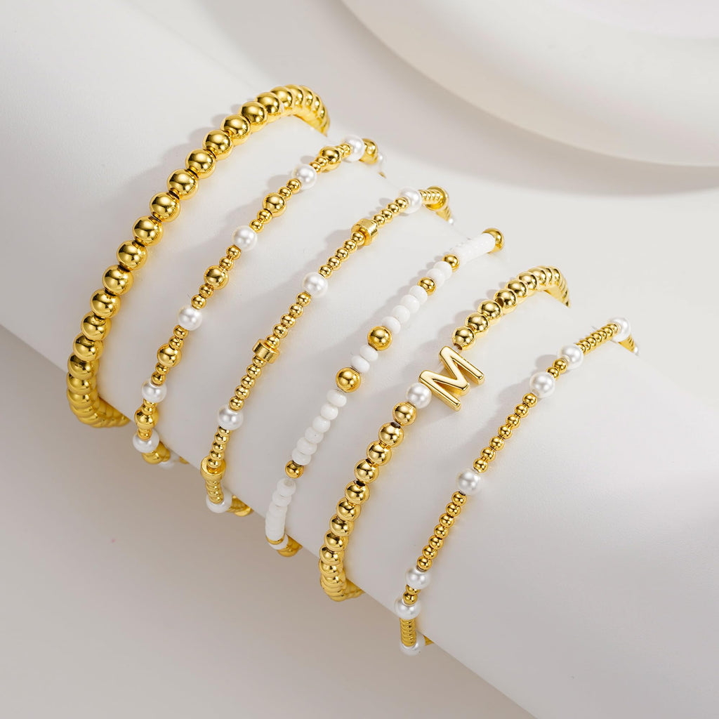 Turandoss 18K Gold Plated Beaded Initial Bracelet for Women Jewelry Gifts