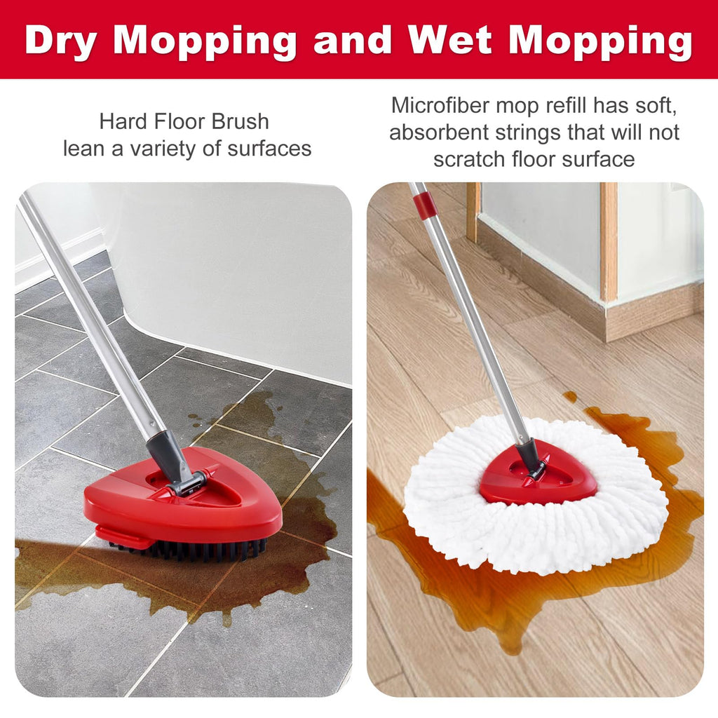 Hezane Mop Heads Replacement Compatible with O-Cedar EasyWring 1-Tank System, Includes 2 Microfiber + 2 Chenille Refills + 1 Scrub Brush + 1 Spin Mop Base for Hard Floor Cleaning