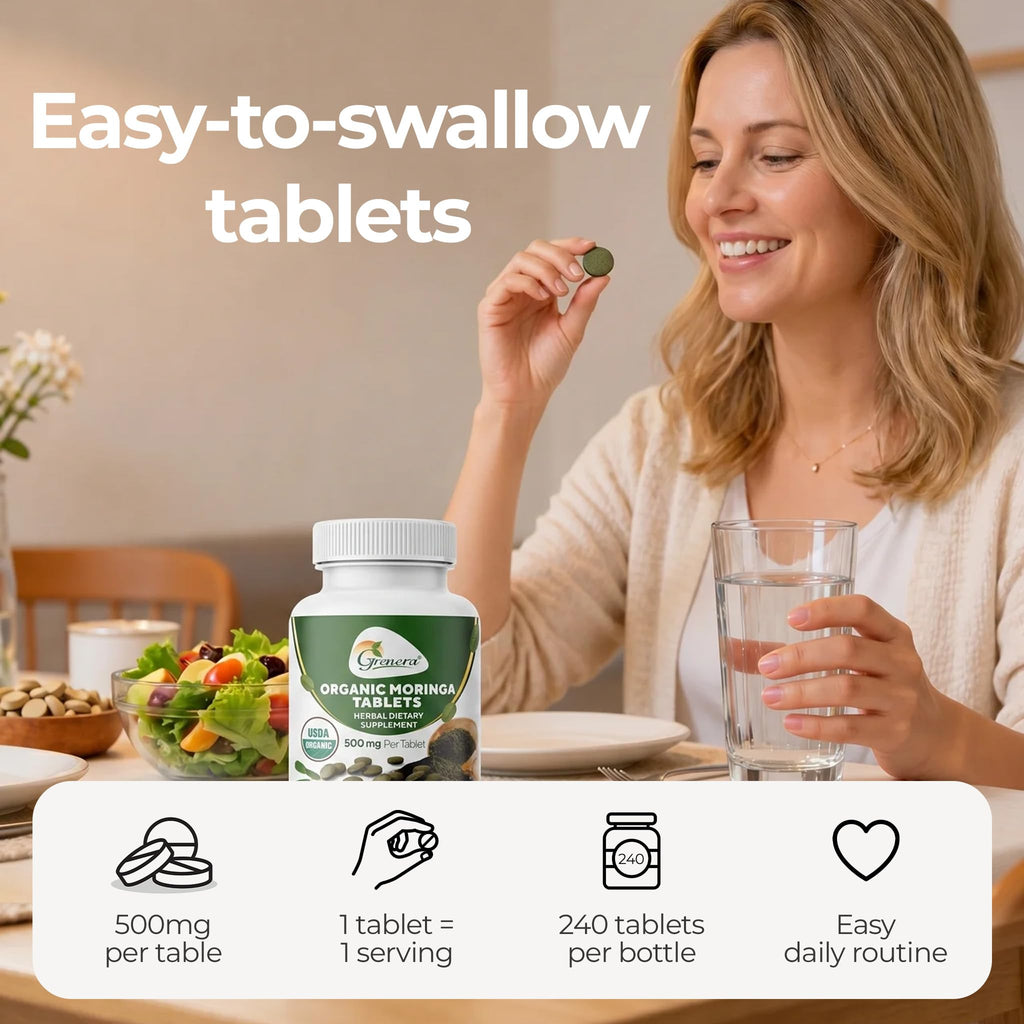 Grenera Organic Moringa Tablets | USDA Organic, 500mg Per Tablet | Uncoated Herbal Supplement, Single Ingredient Moringa Leaf Powder | Lab Tested Quality, Vegan & Kosher Certified | 240 Count
