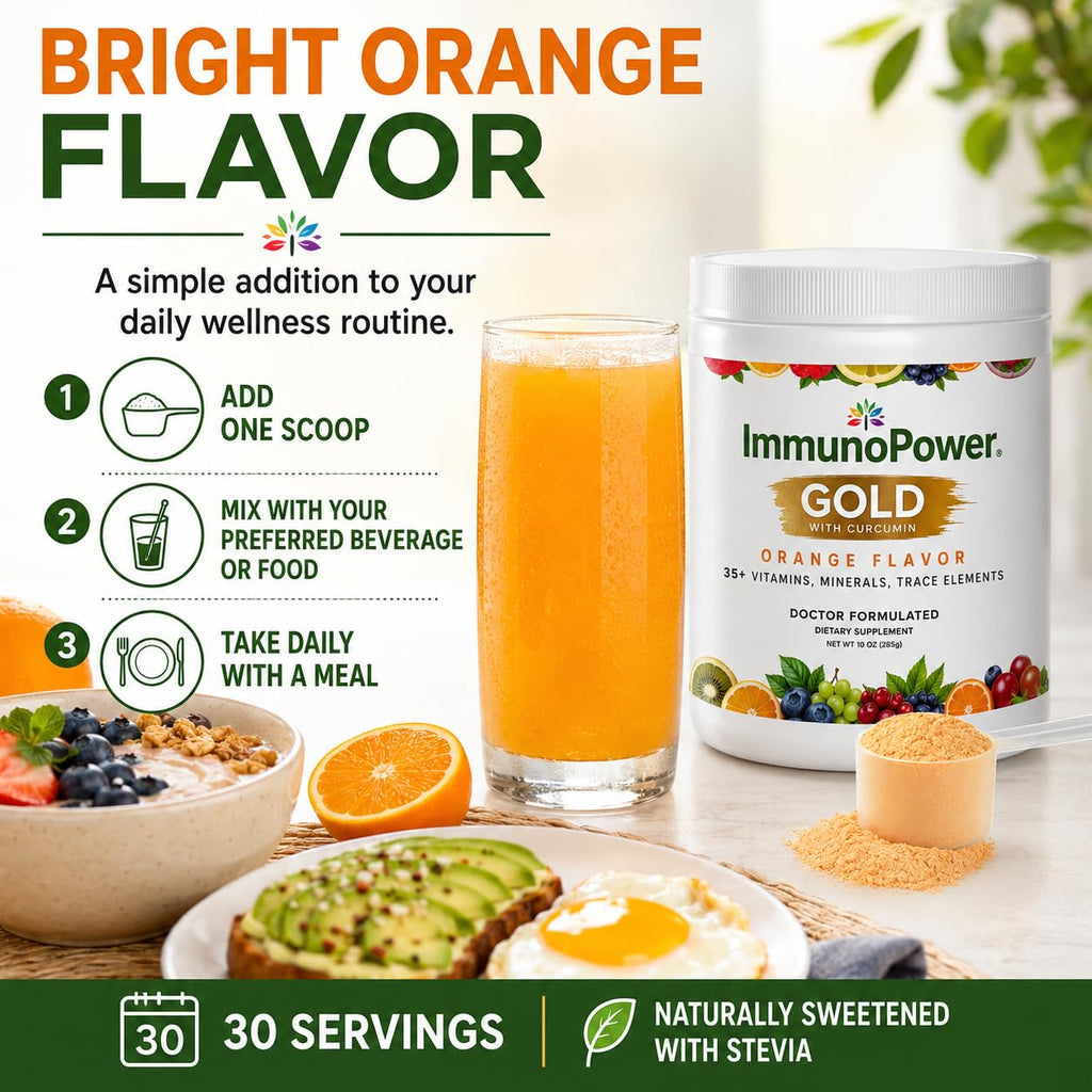 ImmunoPower Gold - High-Absorption Turmeric Root Extract & BioPerine Immune Booster - Doctor Formulated with 33+ Nutrients - Orange Flavor