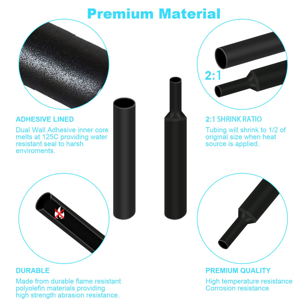900Pcs Wire Heat Shrink Tubing Kit, Industrial Heat-Shrink Tubing for Wires, 2:1 Marine Grade Heat Shrink Wrap, Premium Large Electrical Waterproof Heat Shrink Tape (Black 12 Sizes) DHOOZ