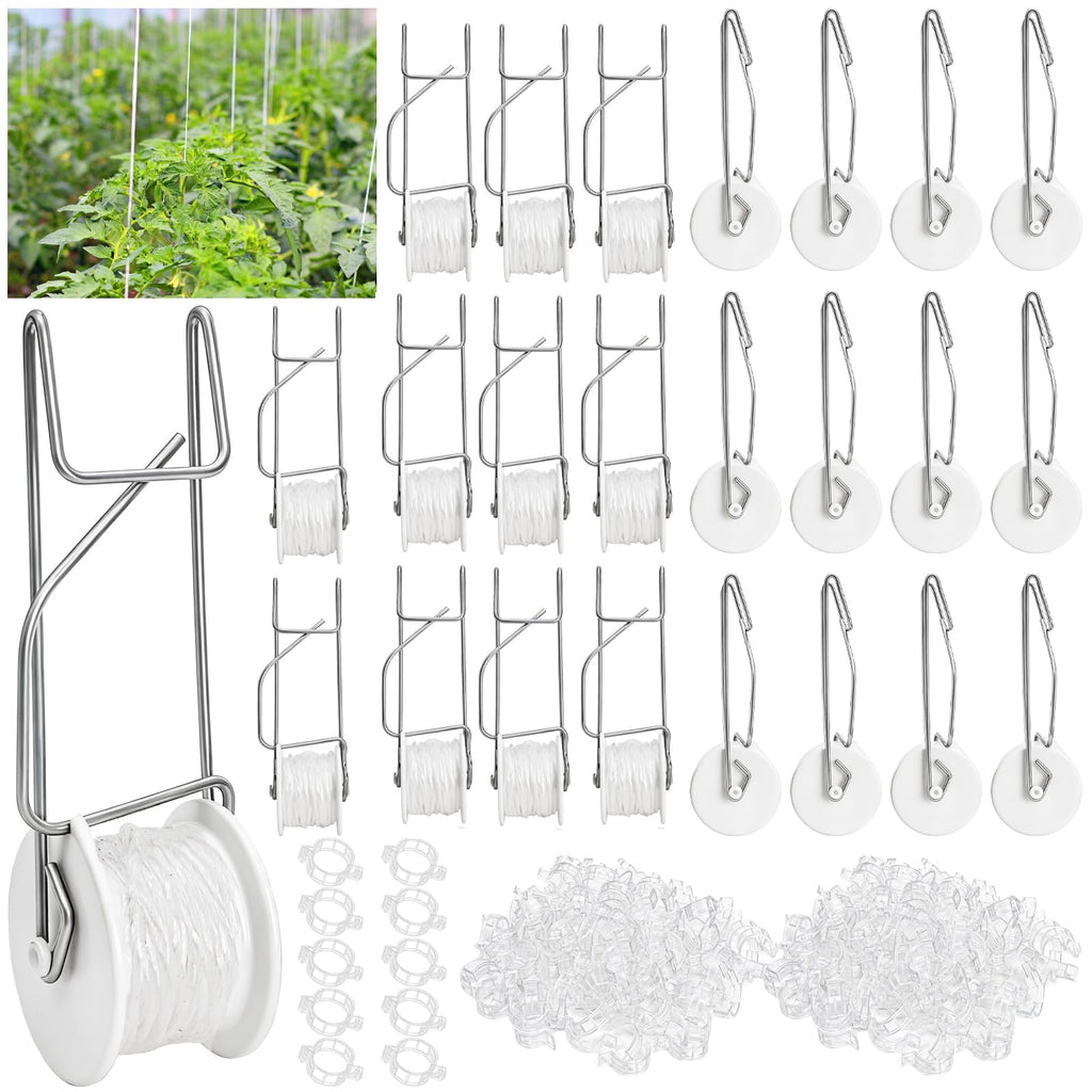 Yarlung 24 Pack Tomato Roller Hooks with 49.2 Feet String and 240 Pcs Clips for Tomato Support Trellis, Grape, Climbing Plants, Greenhouse, Flower Vine, Garden Twine Crop