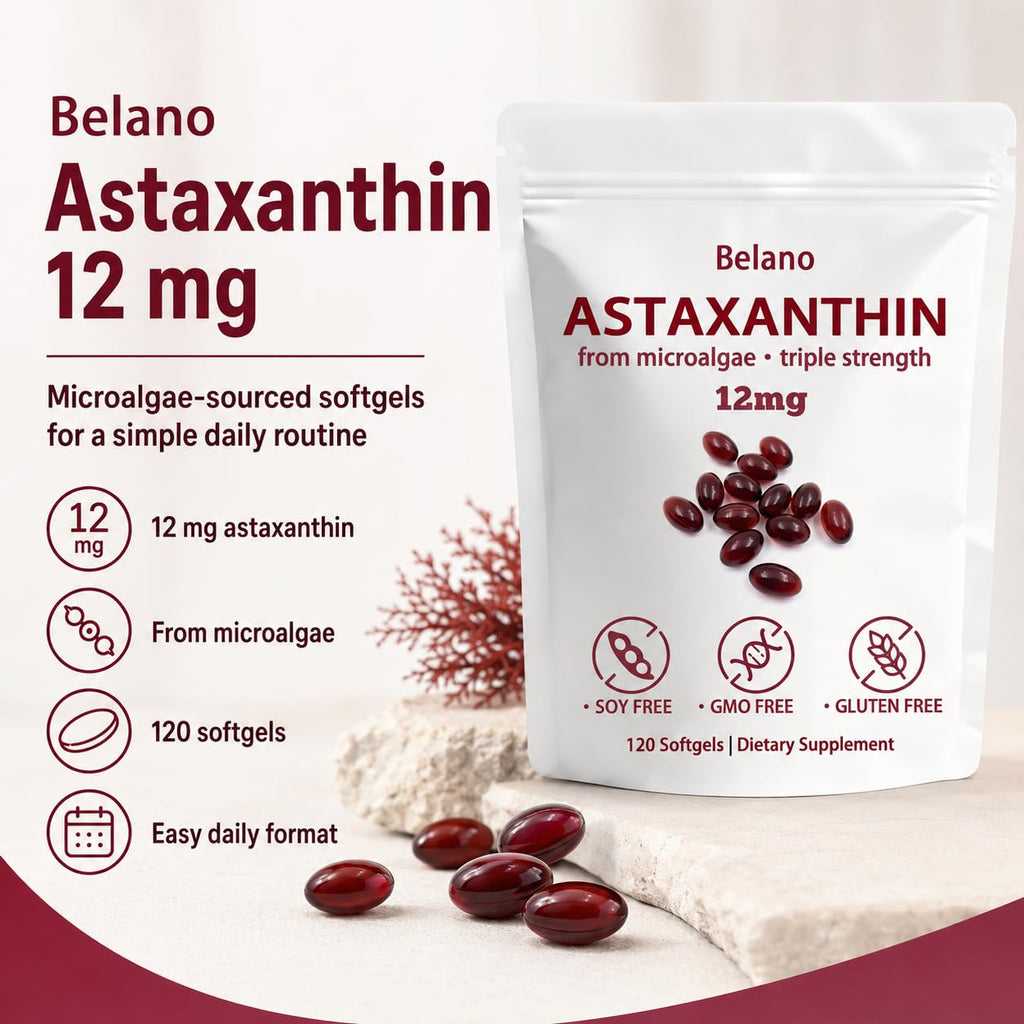 BELANO Nuvapure Astaxanthin12mg，Easy to Swallow, Non-GMO，4-Month Supply，120 Softgels