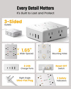 SUPERDANNY Extension Cord,Flat Plug Surge Protector Power Strip,10Ft