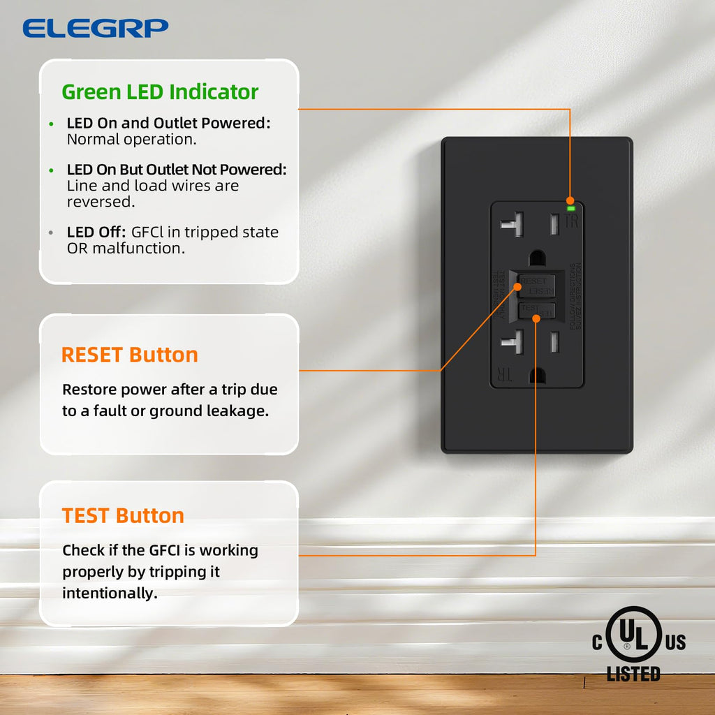 ELEGRP GFCI Outlet 20 Amp, Self-Test GFI Electrical Outlet with Thinner Design, TR Tamper Resistant GFCI Receptacle, Ground Fault Circuit Interrupters with Wall Plate, UL Listed, Matte Black, 1 Pack