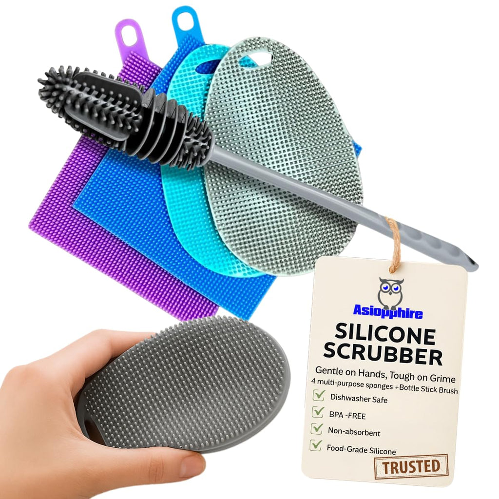 Silicone Dish Scrubber Sponges (5-Pack) - Dual-Sided Silicone Scrubbers and 1 Bottle Stick Brush - Food Grade Kitchen Scrubbers for Dishes - BPA-Free Sponges