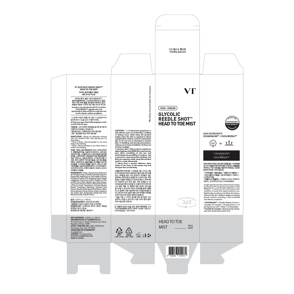 VT COSMETICS 7% Glycolic Acid Reedle Shot Head-to-Toe Mist with Niacinamide, Exfoliating Spray for Bumpy & Strawberry Skin, Dark Spots, Skin Texture, Keratosis Pilaris, Korean Skincare (4.05 fl oz)
