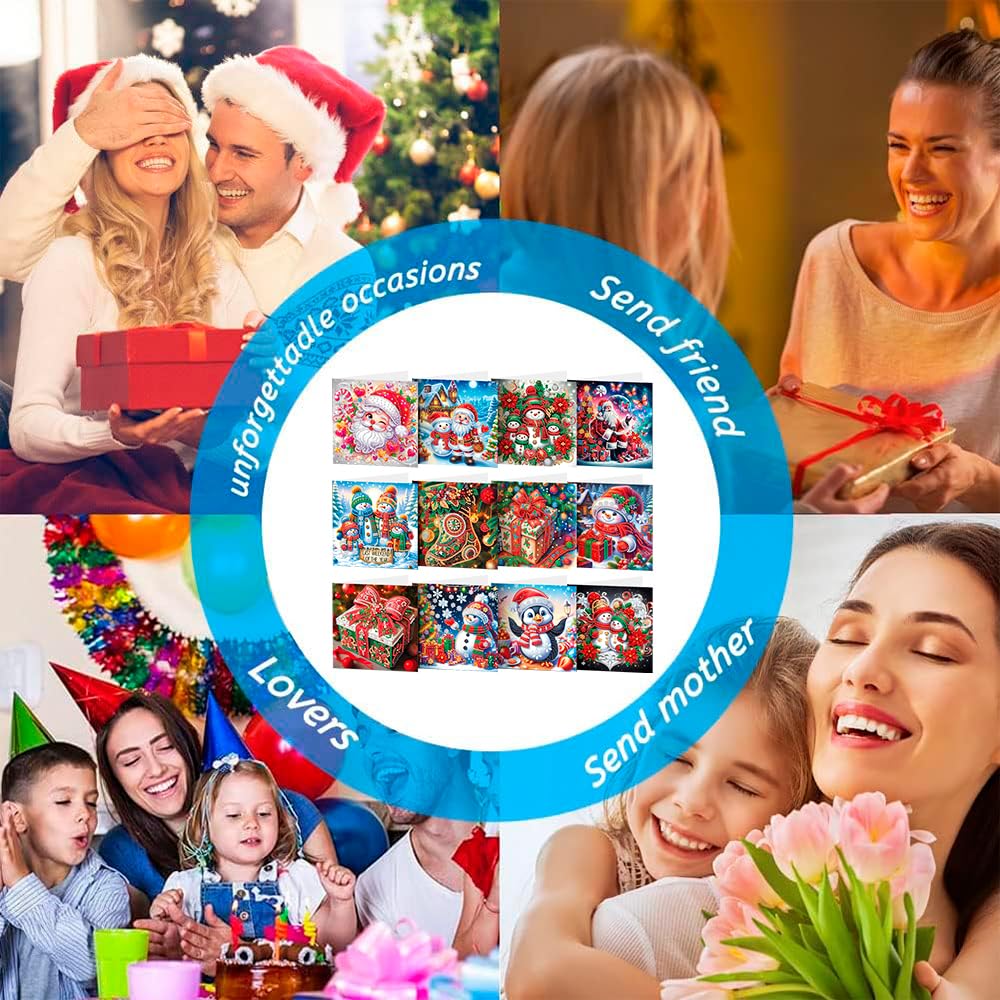 ACSAUMMY Diamond Art Painting Christmas Cards, 12 Pack DIY 5D Diamond Greeting Cards Kits for Adults Diamond Xmas Greeting Cards with Envelopes Gem Christmas Gift for Families, Friends, Partners