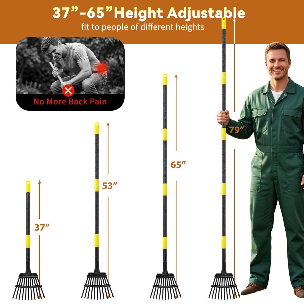 Rake, Garden Leaf Rakes for Lawns Heavy Duty, Yard Metal Rake Tools with 9" Small Narrow Rake Head, 65” Adjustable Long Handle, 11 Steel Tines, Quick Clean up Rake for Shrub, Flower Bed, Camping