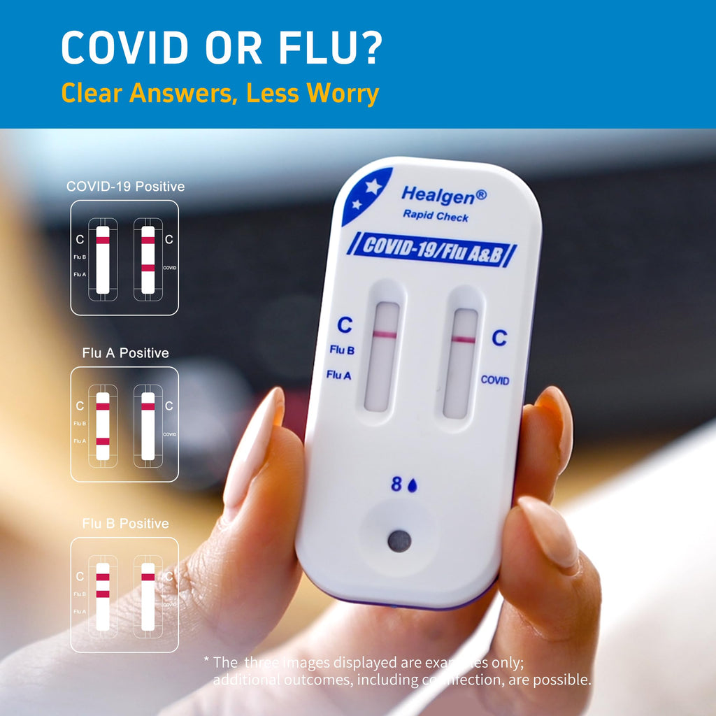 Healgen Rapid Check COVID-19, Flu A&B Antigen Test Kit, OTC 3-in-1 Flu & COVID Home Test, Easy to Read Dual Windows, Results in 15 Mins, 18-Month Shelf Life, 10 Test