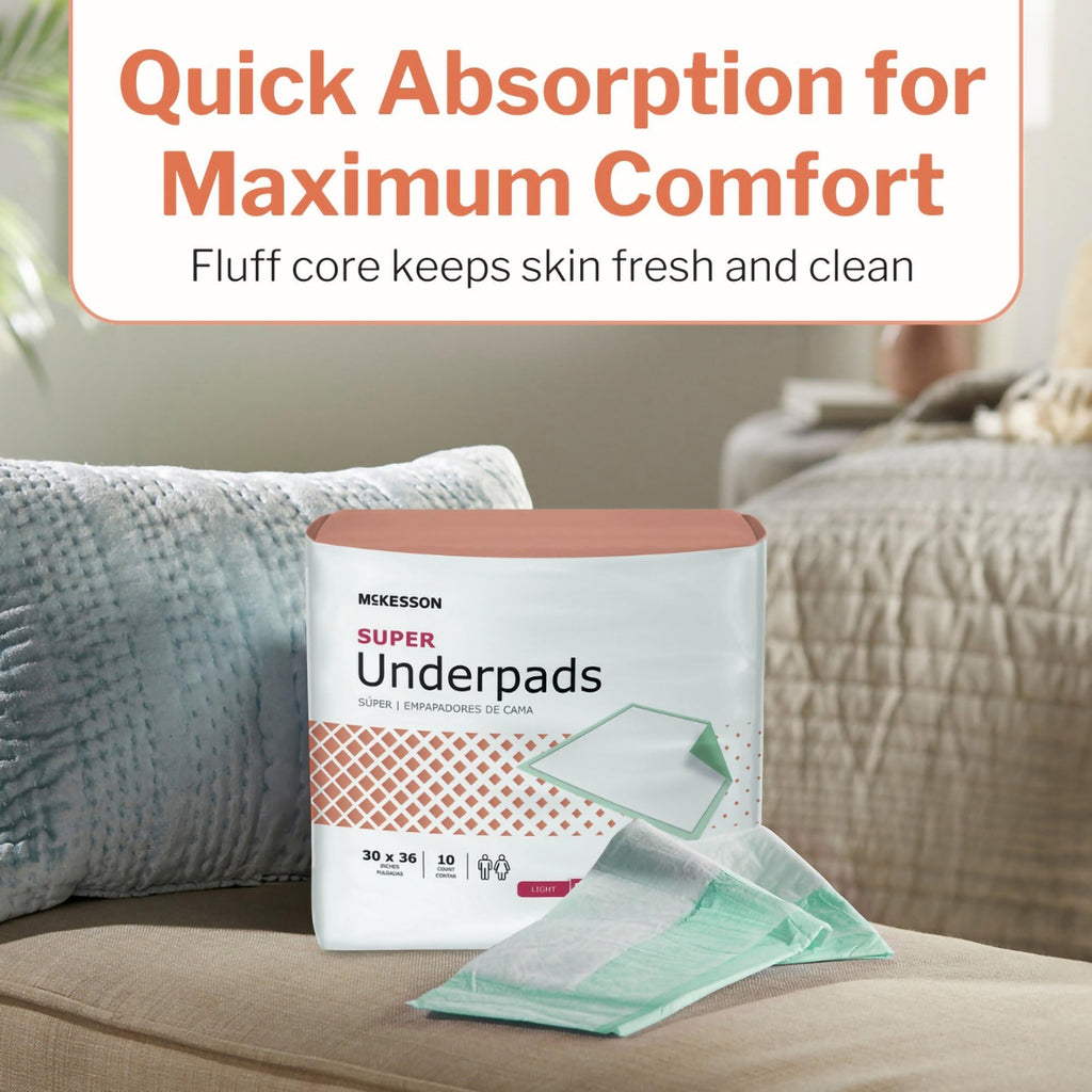 McKesson Super Underpads, Incontinence Bed Pads 30" x 36" [100 Count], Moderate Absorbency, Disposable Chux Pads for Adults, Elderly, and Baby, Pee Pads