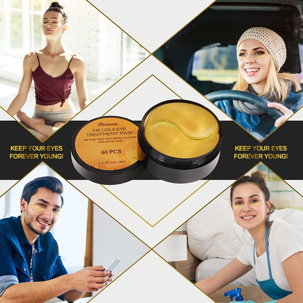 Fivewan 24k Gold Under Eye Patches - 120 Pcs Eye Mask Pure Gold Anti-Aging Collagen Hyaluronic Acid Under Eye Mask for Removing Dark Circles