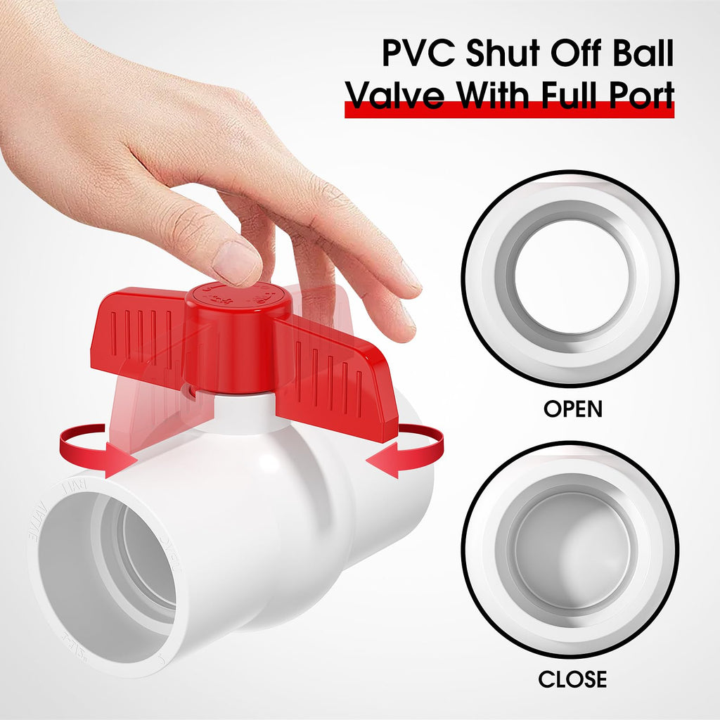 EPHECH 2PCS 2" PVC Ball Valve, SCH40 Slip PVC Water Pipe Valve with Easy Turn Red T-Handle, Shut-Off PVC Ball Valve Socket for Swimming Pool, Sprinkler Lines, Outdoor Plumbing & Irrigation System