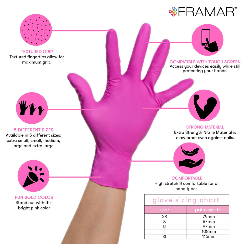 FRAMAR Pink Gloves Disposable Latex Free XS – Pink Nitrile Gloves XS, Nitrile Glove For Hair Dye, Salon, Cleaning, Tattoo, Food Prep, Non Latex Rubber, Extra Durable – 100 Pack