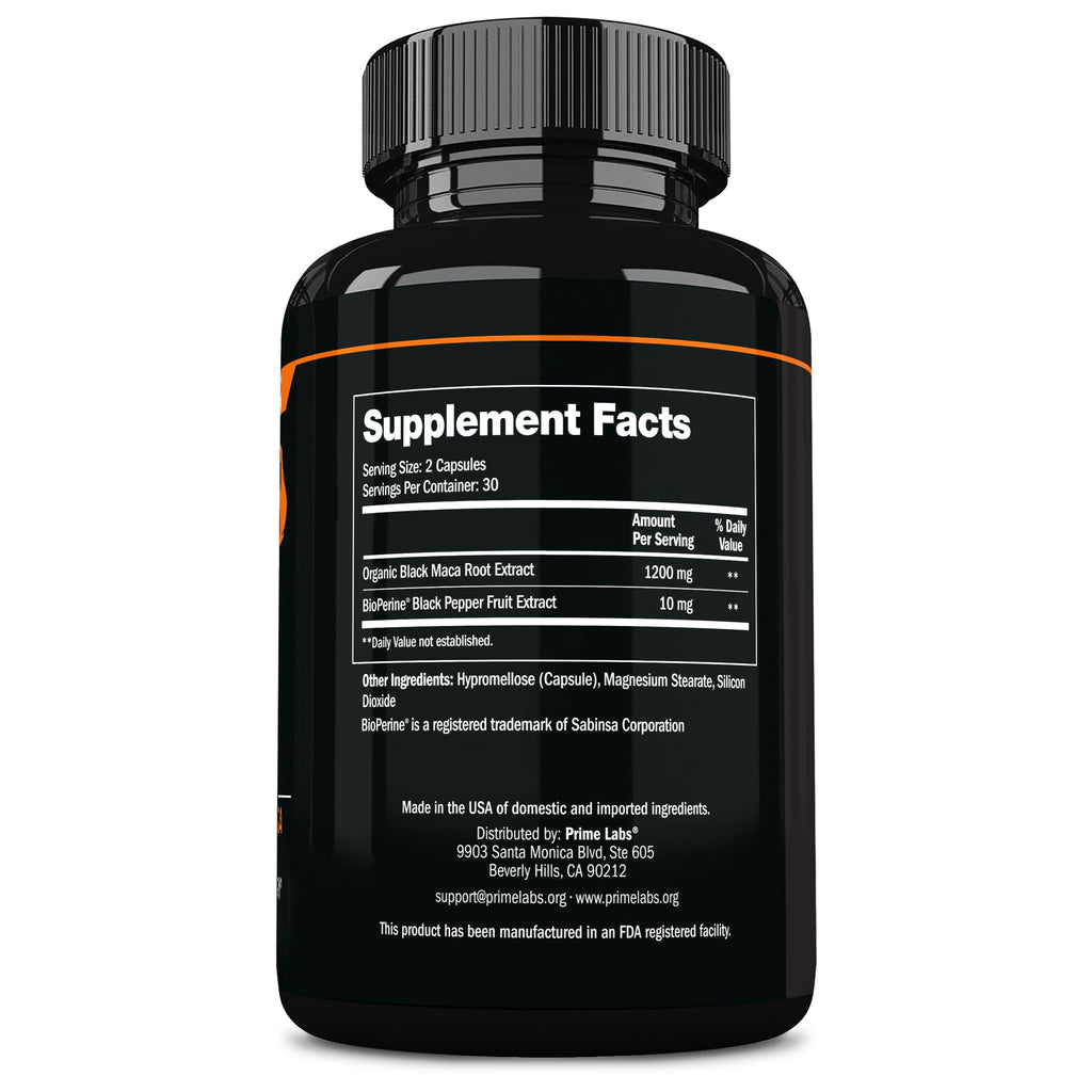 Prime Labs Organic Black Maca Root Capsules 1,200mg - Stamina, Drive, Energy, Vitality - Peruvian 20:1 Extract - for Men & Women - 60 Count