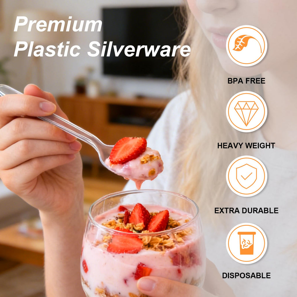 Lamosi 360 Count Extra Heavy Duty Clear Plastic Forks and Spoons, 180 Forks, 180 Spoons, Disposable Plastic Silverware BPA-Free, Heat Resistant for Wedding Party Supplies