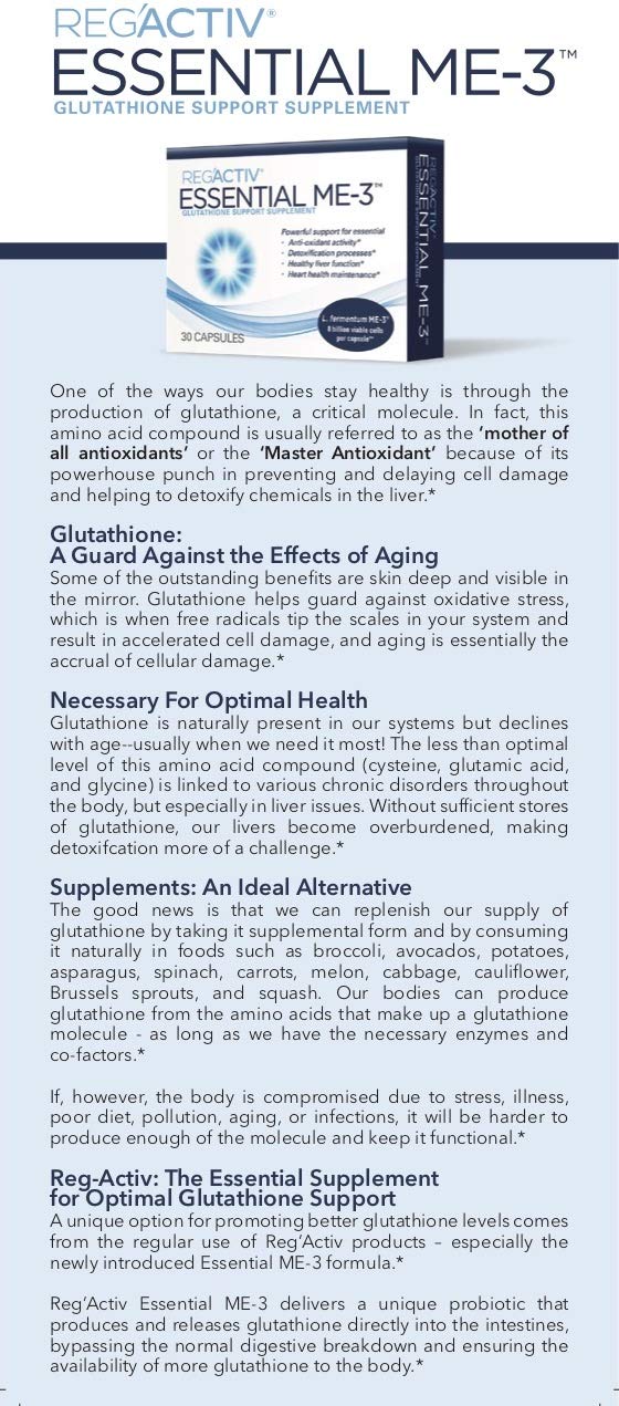 Reg'Activ Essential ME-3, 30 Capsules. A Glutathione-producing Probiotic That Delivers Glutathione to The Intestine for Efficient Guthatione Supplementation