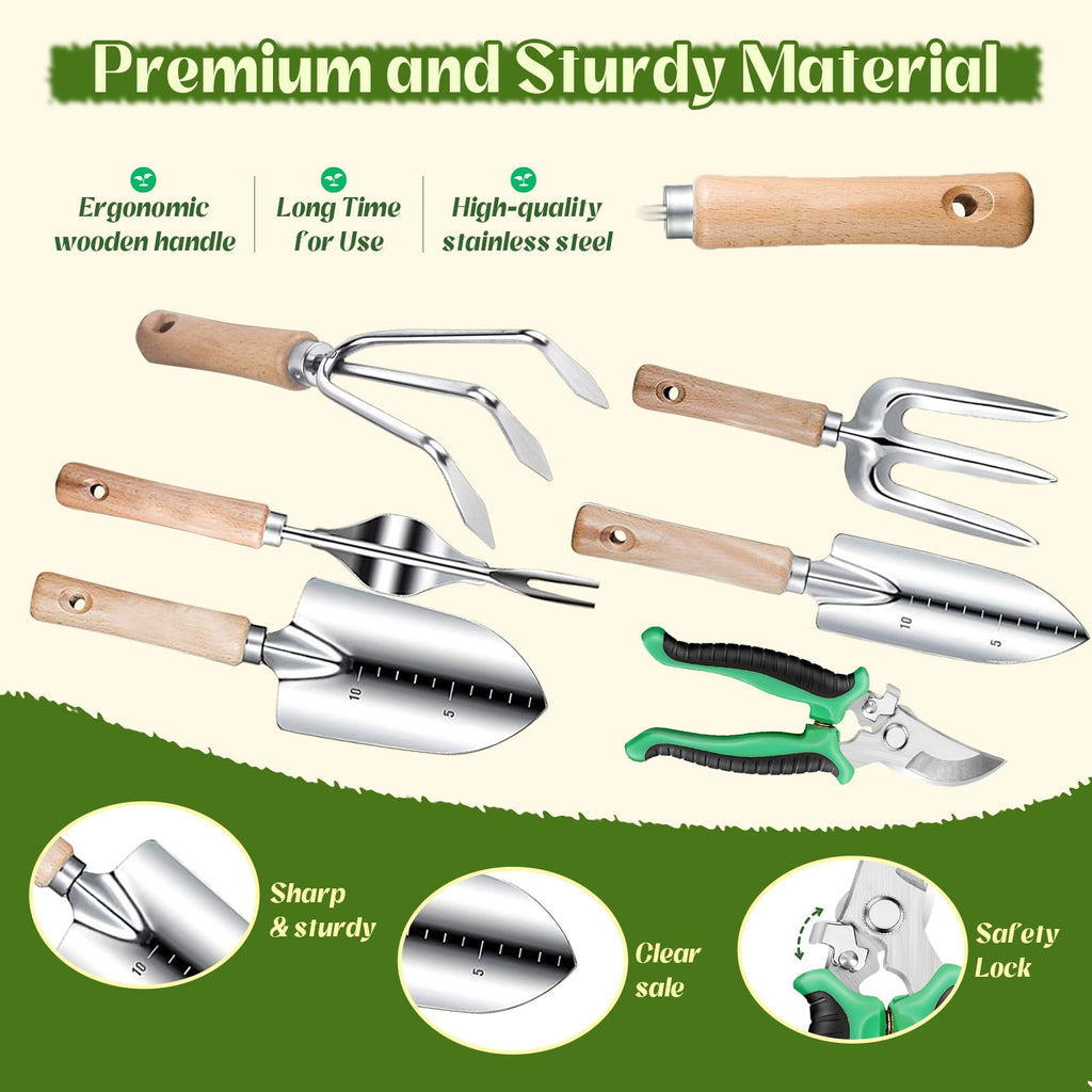 Garden Tools 9 Pcs Heavy Duty Gardening Tool Set Green Tote Bag Men Women