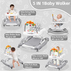 RefoereBabe Baby Walker with Wheels, 5 in 1 Baby Walkers for Boys Girls 6-12 Months, Foldable Walker Baby with Bouncer & Feeding Tray, Music, Adjustable Heights