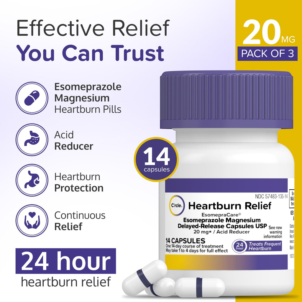 Esomeprazole Magnesium 20mg Capsules - Heartburn Medicine - 24 Hour Acid Reducer - Delayed Release Mini Capsules - Acid Reflux Medicine and Digestive Support - Six 14 Ct Bottles