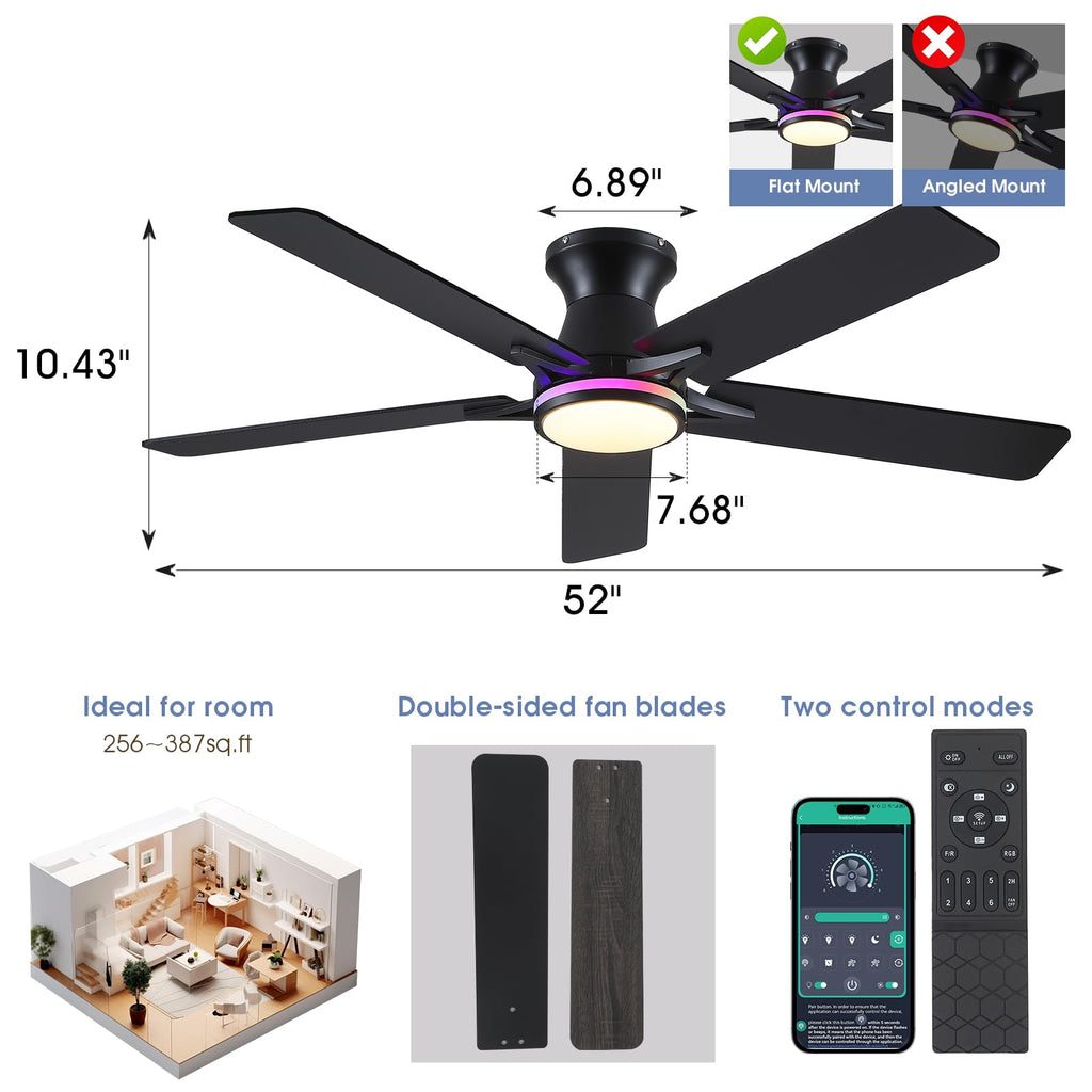 Goniyado 52" RGB Ceiling Fans with Lights and Remote/APP,Black Low Profile Ceiling Fans,Modern Flush Mount Ceiling Fans for Bedroom Kids Room