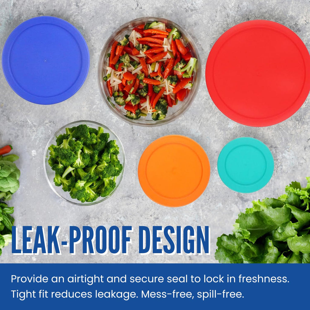 Replacement Lids for Pyrex Glass Food Storage Containers Round Plastic (2) 7202-PC 1 Cup Green (2) 7200-PC 2 Cup Orange (2) 7201-PC 4 Cup Blue (1) 7402-PC 6/7 Cup Red