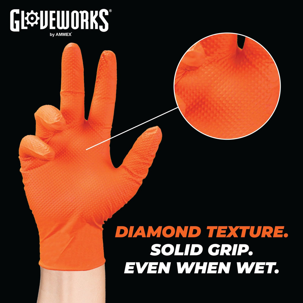 GLOVEWORKS 8 Mil Orange Nitrile Disposable Gloves Heavy Duty Industrial RDT for Mechanic and Automotive, XXL 4 Boxes of 100