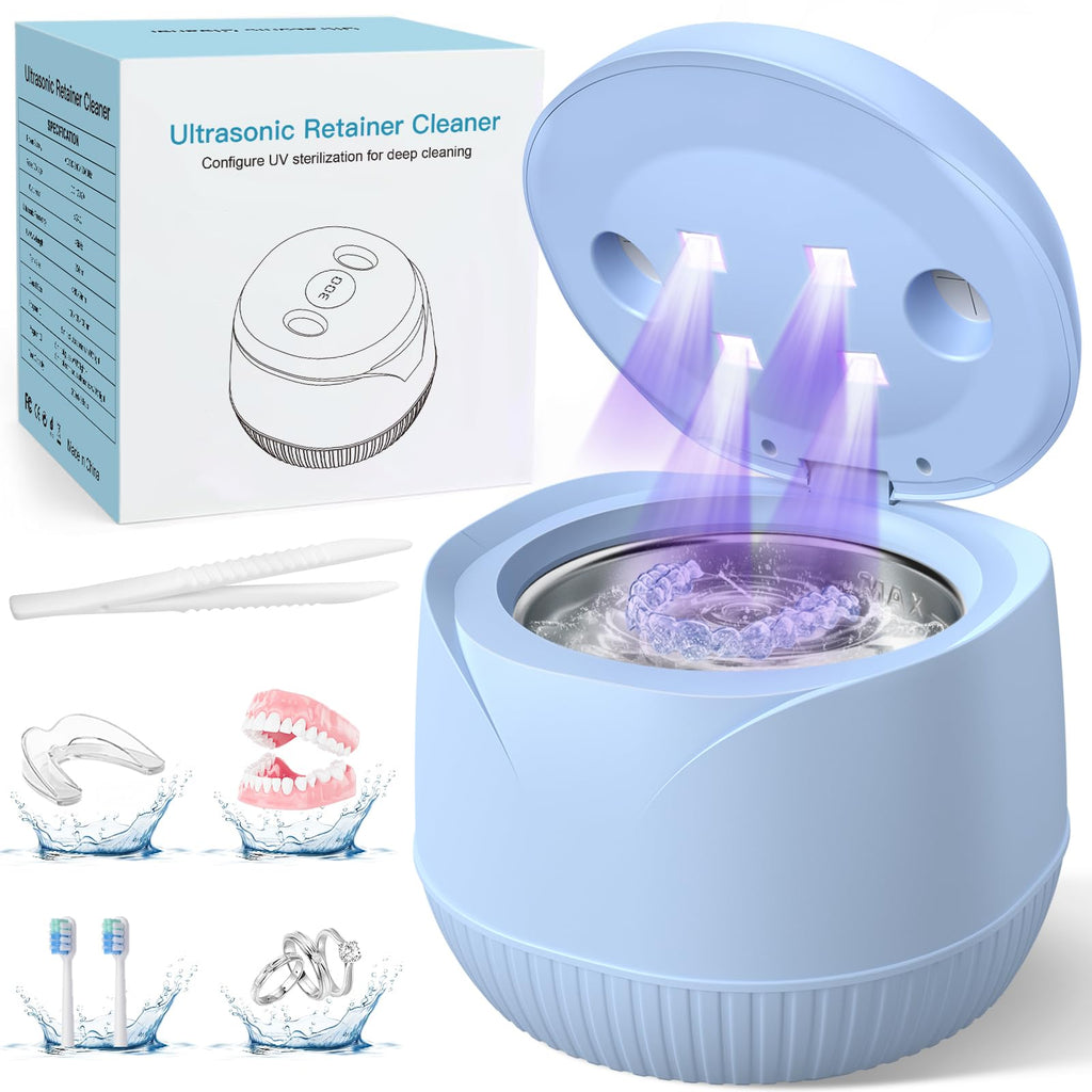Dental Ultrasonic Retainer Cleaner Machine: 45kHz Dental Cleaning Pod with Digital Timer & 200ML, Cleaning for Dentures, Mouth Guards, Aligners, Night Guards, Braces, Toothbrush Heads & Jewelry, Blue