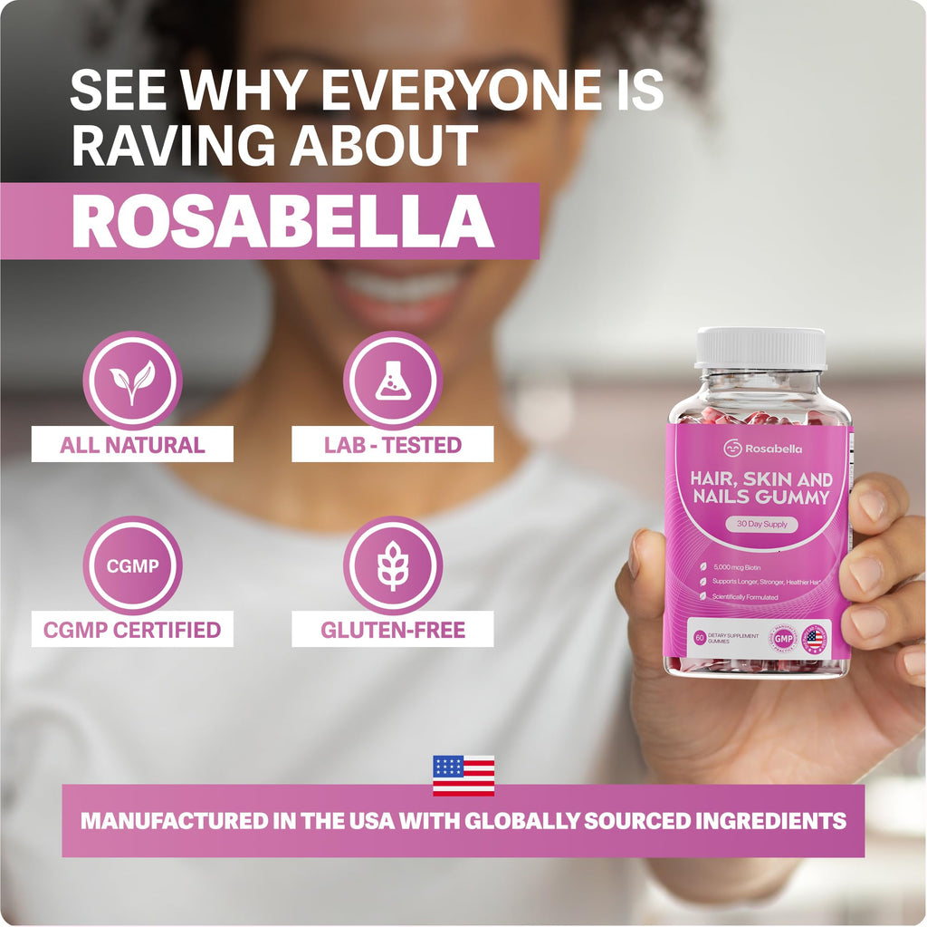 Rosabella® Hair Growth Vitamin Gummies [60 Gummies] Biotin for Faster Hair Growth Women & Men - Nail, Skin (5.000mcg Biotin) (60 Count (Pack of 3))