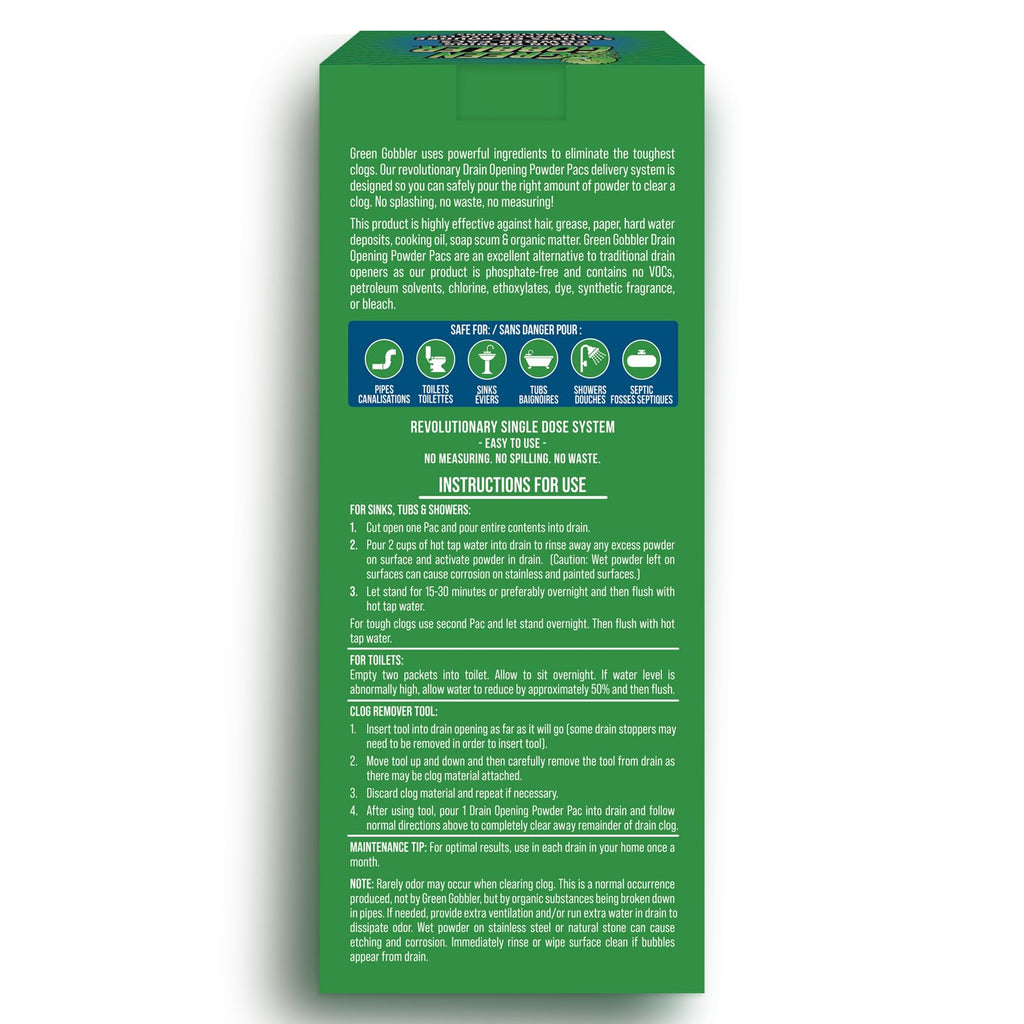 Green Gobbler Drain Clog Remover & Drain Cleaner Powder (5 Pacs & 5 Tools)