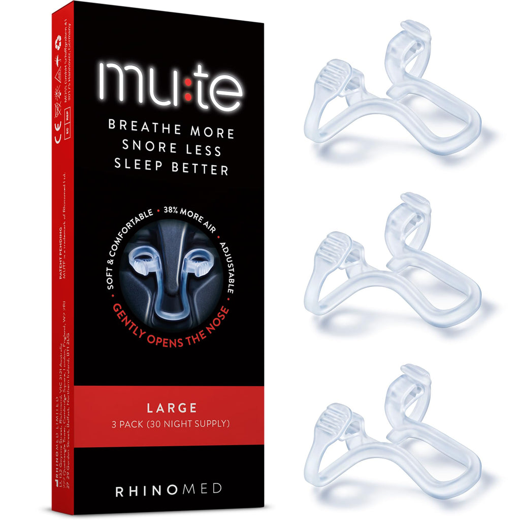 Rhinomed Mute Nasal Dilator for Snore Reduction - Anti-Snoring Aid Solution - Improve Airflow - Comfortable Nose Vents, Breathing Aids for Better Sleep - (Size Large, 3-Pk)