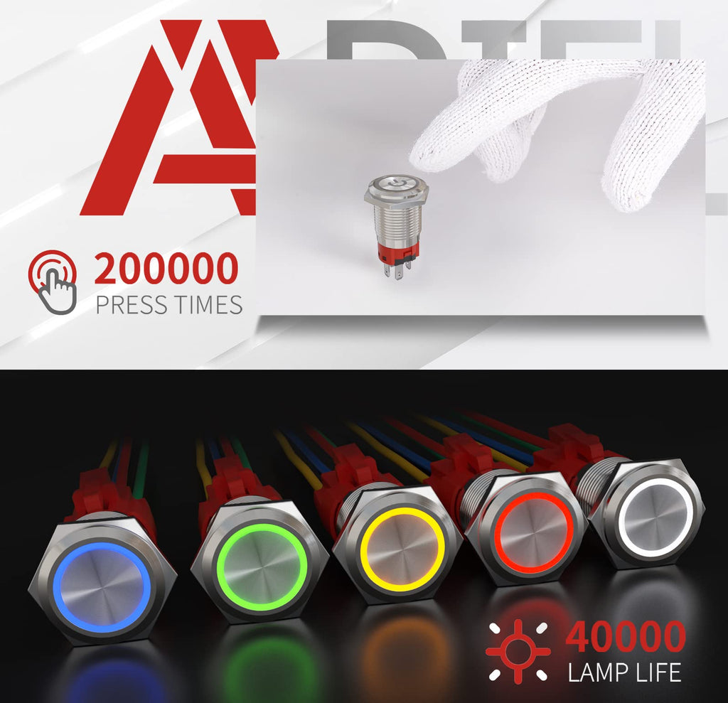 APIELE 16mm Latching Push Button Switch 12V On Off Stainless Steel with LED Angel Eye Head for 0.63" Mounting Hole with Wire Socket Plug Self-Locking(Red)