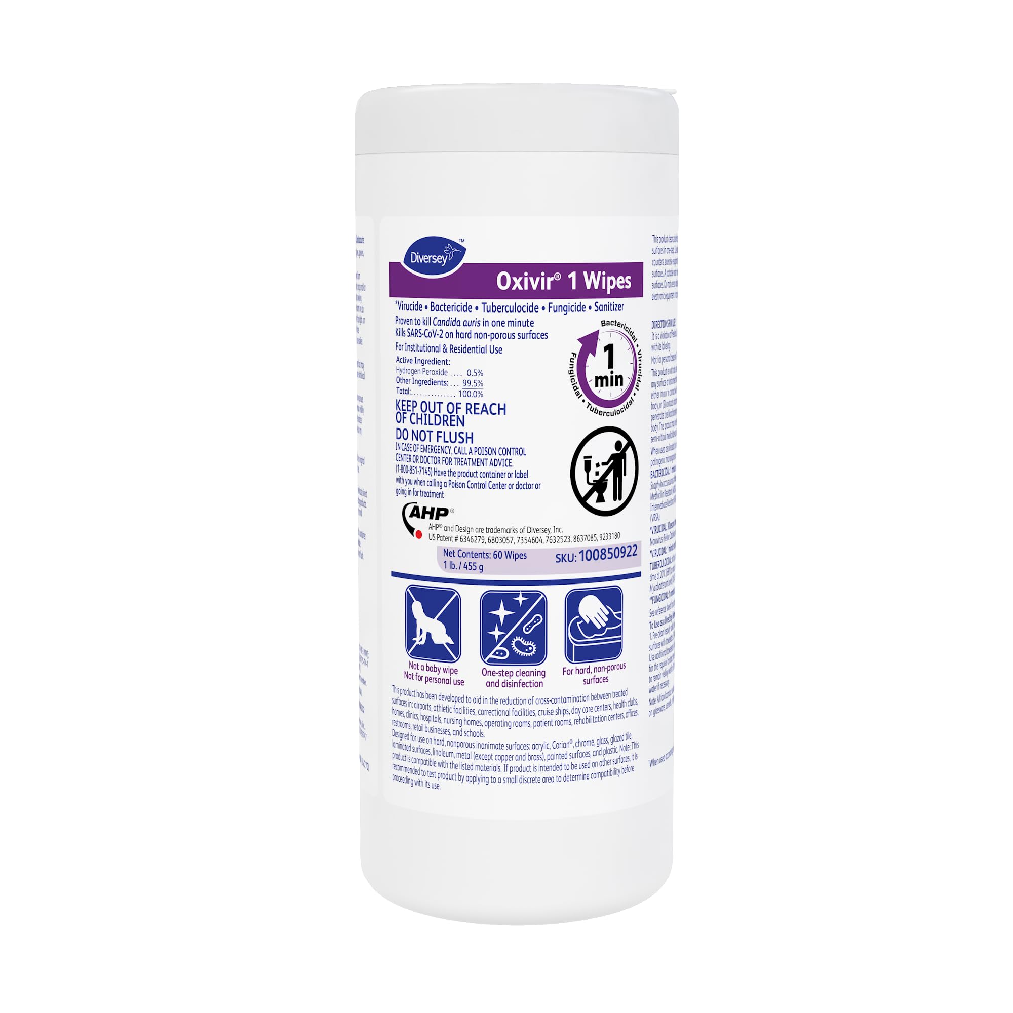 Oxivir Diversey 1 Disinfectant Peroxide Wipes, Medium, 60 Wipes