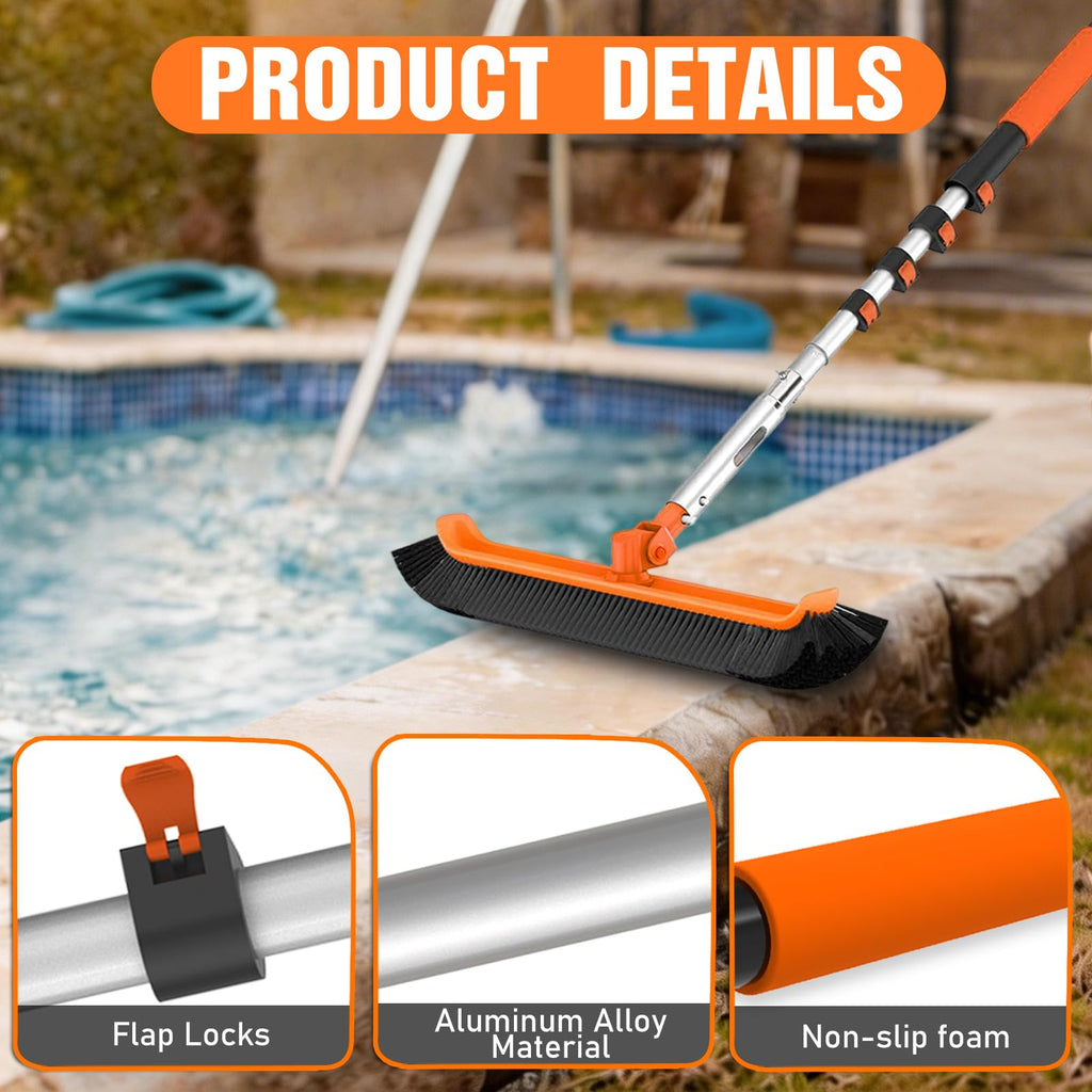 LAANPOLE 4-in-1 Pool Brush with Pole, Heavy Duty 18" Pool Brush Head, 5" Stainless Steel Brush and Hand-Held Pool Scrub Brush for Inground & Above Ground Pools, Pool Scrubber Brush with 16FT Pole