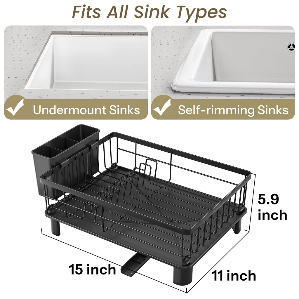 SNTD Dish Drying Rack for Small Kitchen Counter, 11" W x 15" L, Black