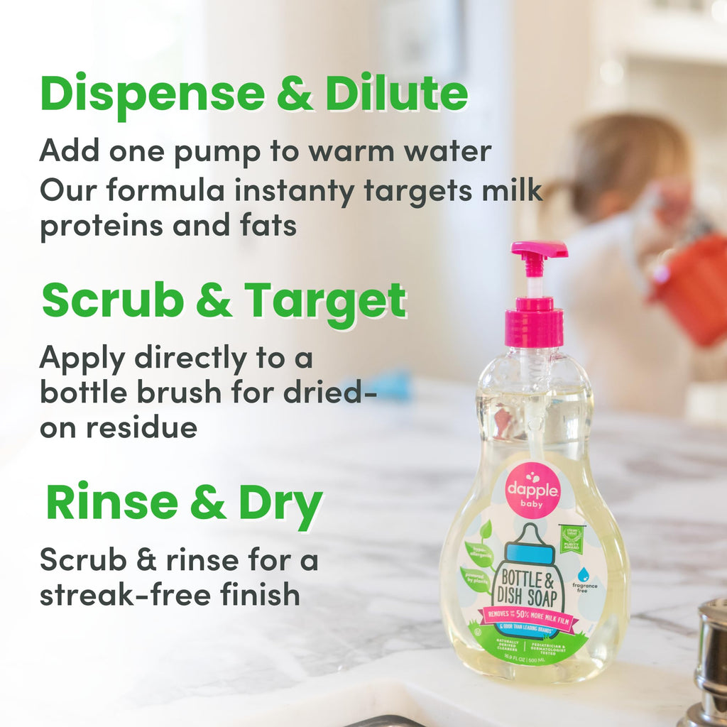 Dapple Baby Fragrance Free Bottle & Dish Soap - (3 Pack) 16.9 fl oz - Cleans Baby Bottles, Sippy Cups, Pacifiers, Breast Pumps, & More - Gently Removes Milk Film & Odors - Includes 1 Pump
