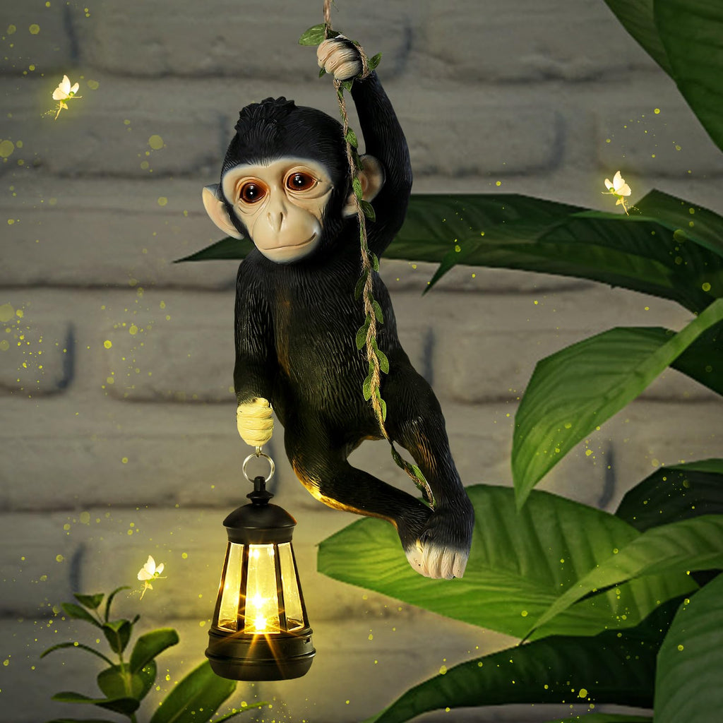 Rossesay Solar Light Outdoor Monkey Statues Black 13.78 Inch Resin Chimpanzee Baby Monkey Climbing on Vine with LED Lantern Waterproof Hanging Figurine with Hook for Yard Garden Wall