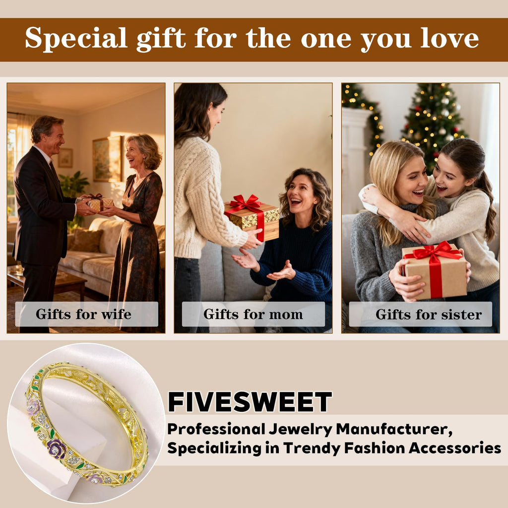 FIVESWEET Trendy 18K Gold Plated Bangle Bracelets Set for Women, Enamel Craft Jewelry-Floral Element , Retro Fashion Palace Style, Zinc Alloy with Rhinestones, 2.4Inch Diameter Fits Most Adults, Perfect Jewelry Gift Idea for Her, Girlfriend, Wife, Mom, Si