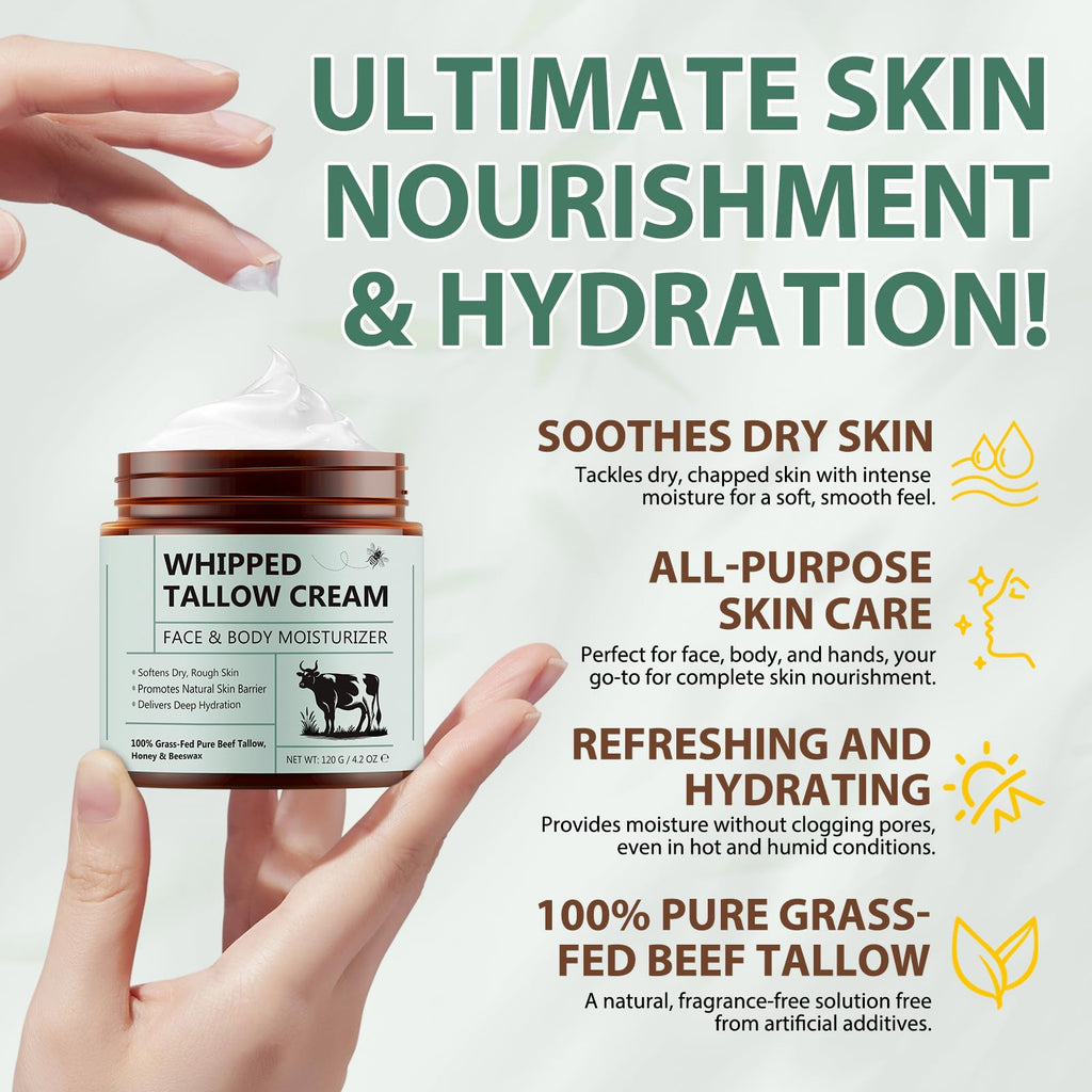 Whipped Beef Tallow for Skin - 100% Grass Fed Pure Beef Tallow with Honey, Natural Moisturizing Cream for Face and Body, Deep Hydration Softens Dry Skin, Nourishing Tallow Cream 4.2 Oz (2 Packs )