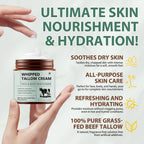 Whipped Beef Tallow for Skin - 100% Grass Fed Pure Beef Tallow with Honey, Natural Moisturizing Cream for Face and Body, Deep Hydration Softens Dry Skin, Nourishing Tallow Cream 4.2 Oz (2 Packs )