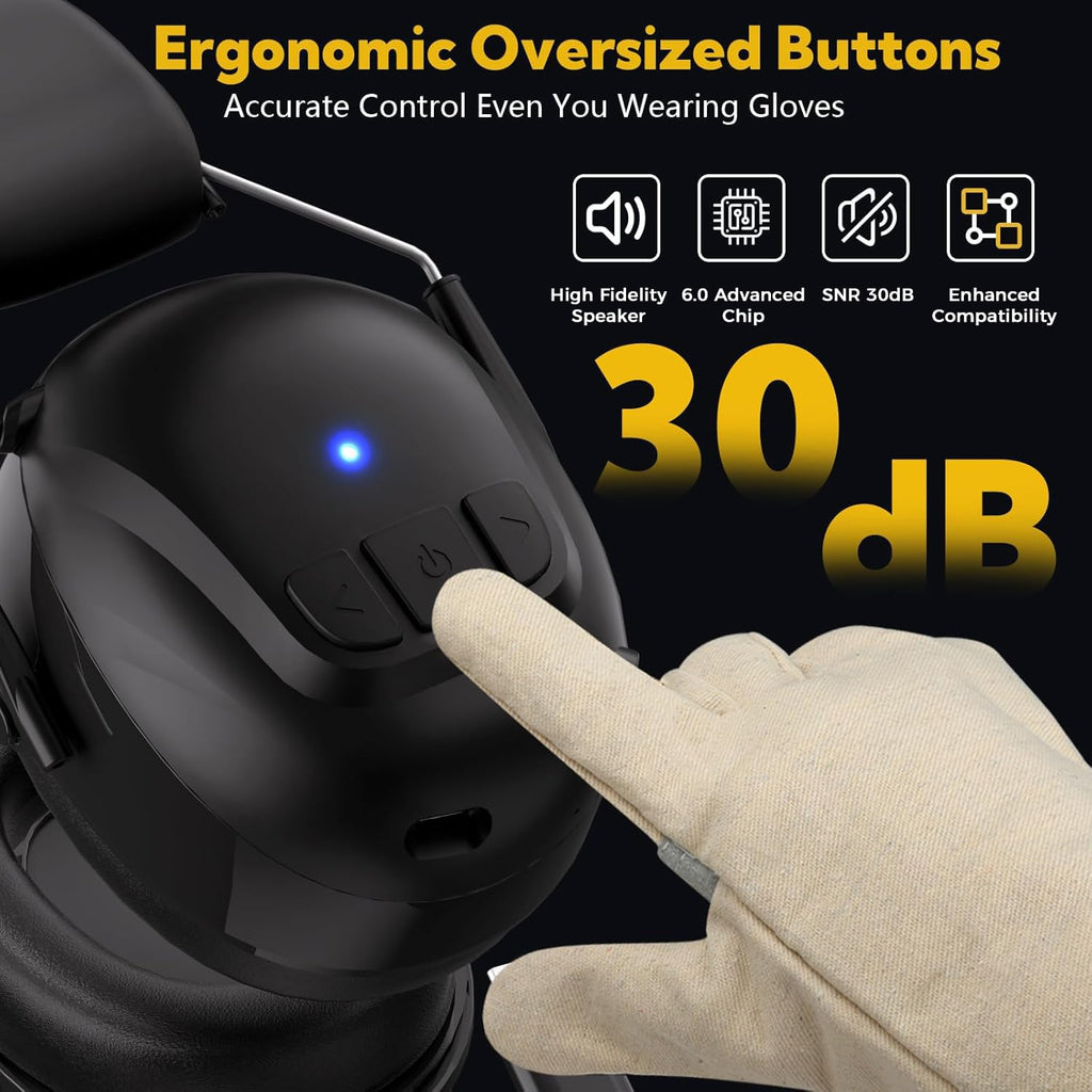 Kalence Bluetooth 6.0 Hearing Protection with 120H Working Time, 30dB Safety Earmuffs, Rechargeable Ear Protection Headphones with Mic for Mowing, Workshops, Construction, Snowblowing, Black