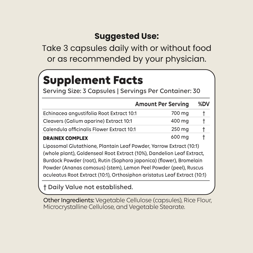 DRAINEX™ Lymphatic Drainage Supplements | 1950mg Lymph System Support Supplement for Lymph Drainage | Lymphatic Drainage Capsules Body Clense with Dandelion, Burdock, Cleavers & More | 90 Capsules