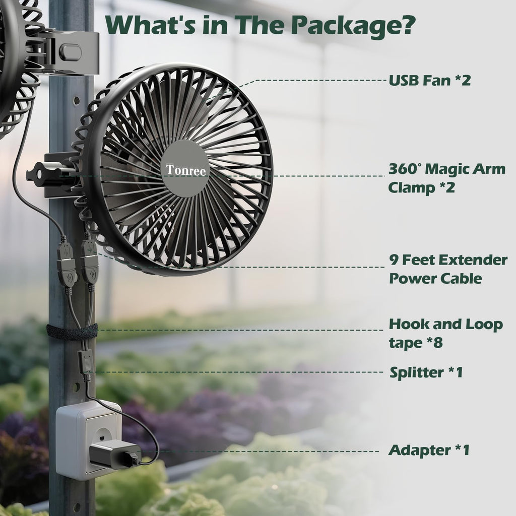 Tonree Grow Tent Fan 2 Pack, 5.5" Greenhouse Clip Fan with Brushless Motor and Non-slip Clamp, Strong Airflow and Low Noise, 360° Tilt, Easy Mount for Plant Hydroponics Circulation Cooling Ventilation