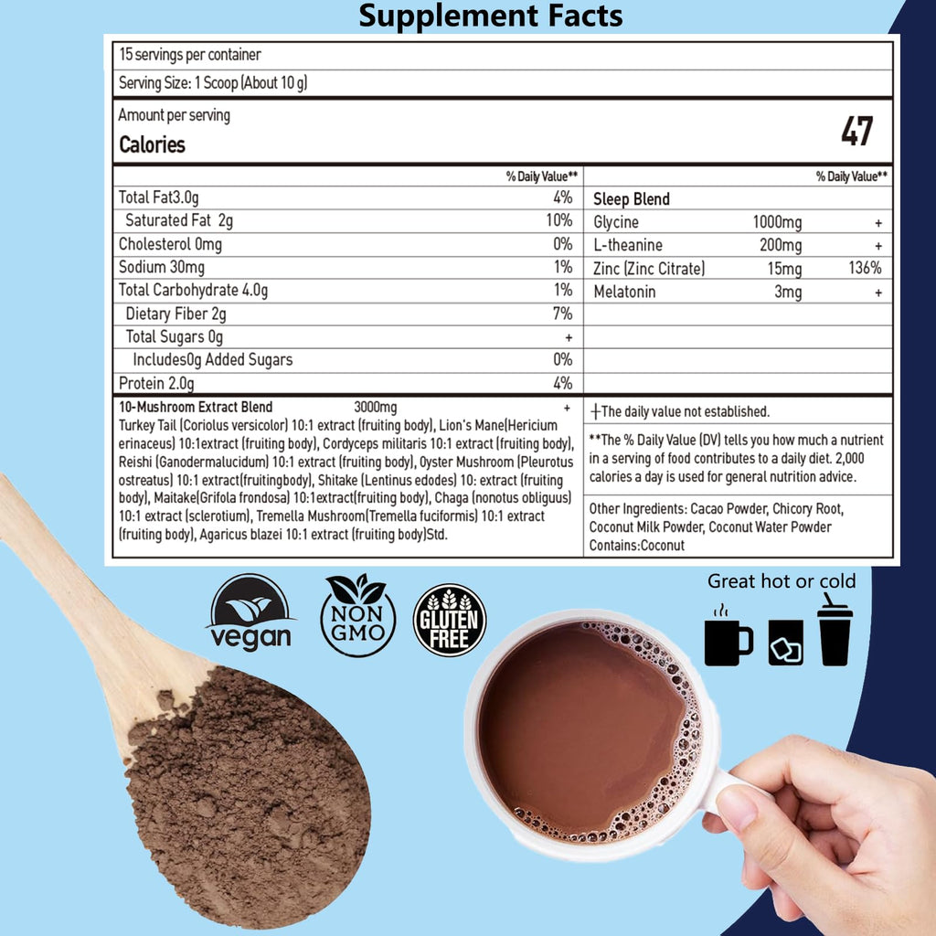 Suiyilary 10 Mushroom Hot Cocoa, 3mg Melatonin Sleep Supplement, Sugar Free Keto Cocoa Powder, Nighttime Drink, 1000mg Glycine, 200mg L-Theanine, Help Fall Asleep and Stay Asleep, 15 Servings