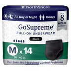 NorthShore GoSupreme Overnight Pull-On Underwear, 8-Hour Leak Protection, Medium, 14-Count Bag, Black, (30-40 in Waist), Unisex Adult Diapers
