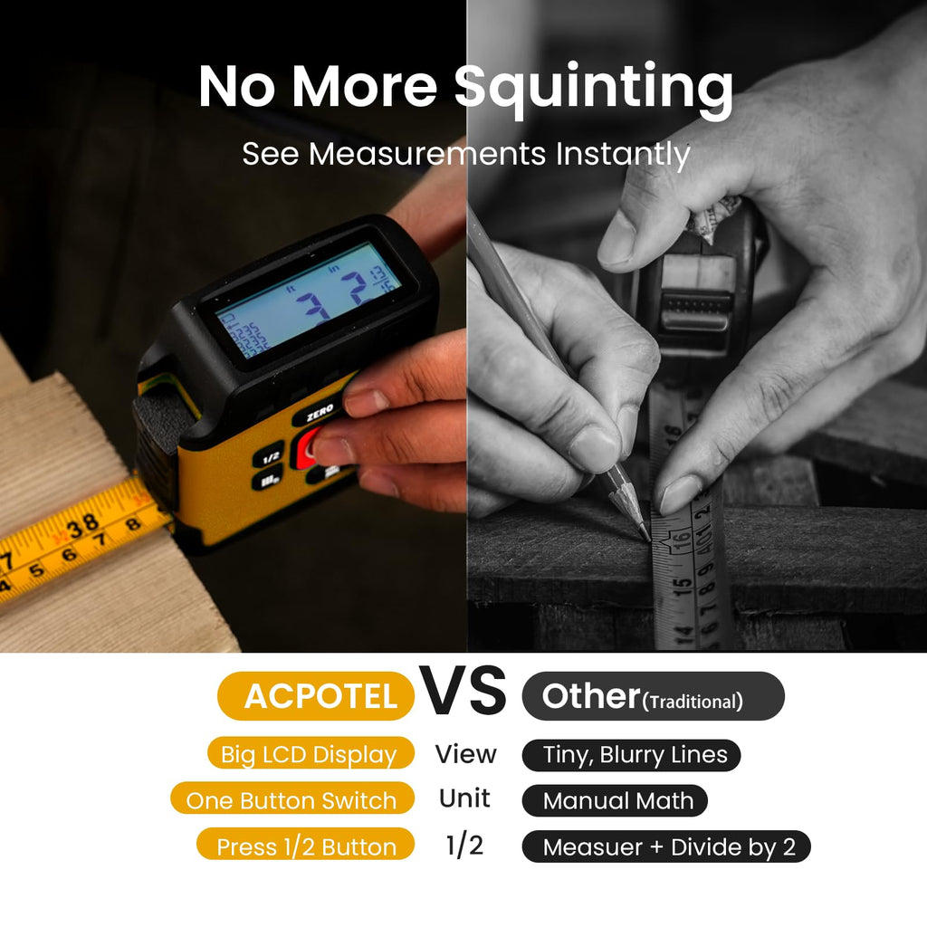 ACPOTEL Digital Tape Measure 16ft, LCD Display, 6 Metric & Imperial Units