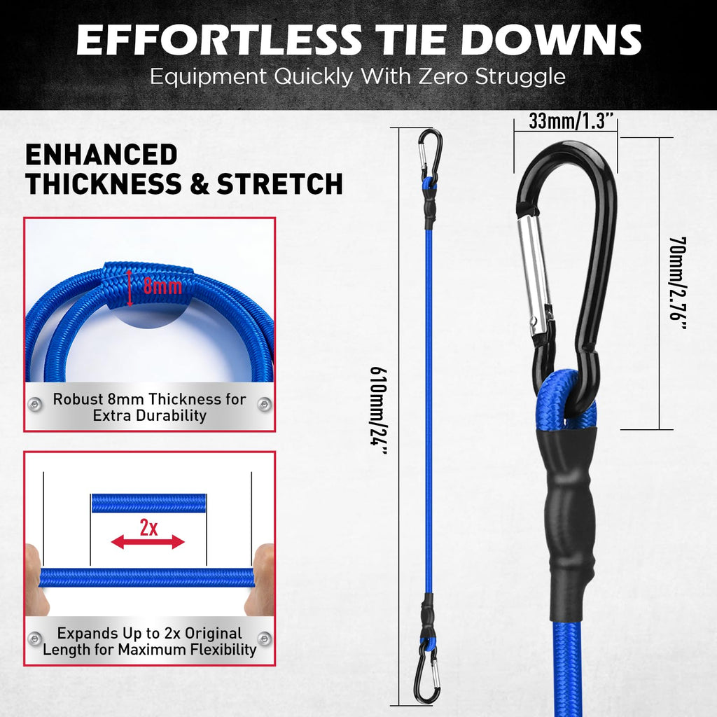 5-Piece 24 Inch Bungee Cords with Carabiner Hooks, Heavy Duty Rubber Elastic Tie Down Straps, Bungee Cord with Carabiner Clips for Cargo, Truck Bed, Camping, Motorcycle and Outdoor Use (Blue)
