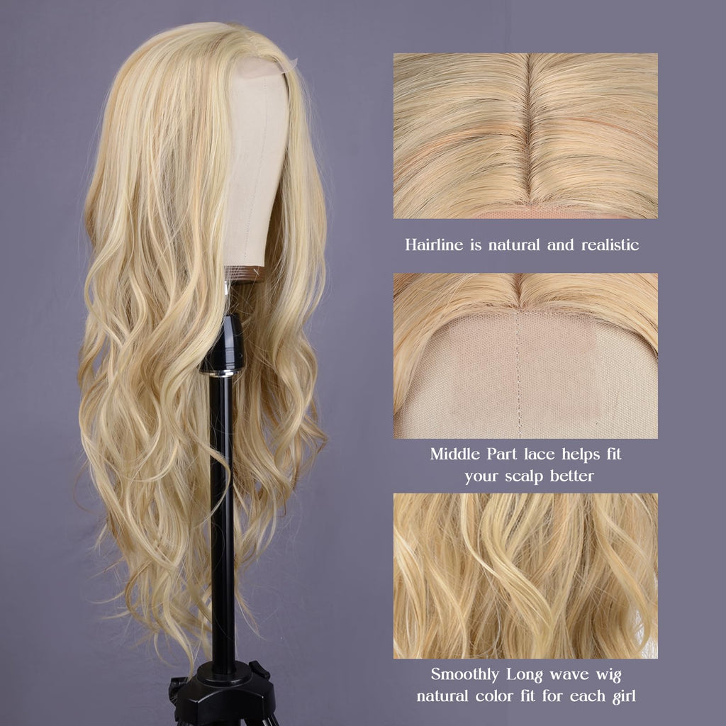Aida ble Long Wavy Blonde Wig for Women 26 Inch Middle Part Synthetic Wig